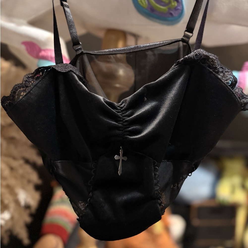 Goth Cross Black Mesh Crop Top